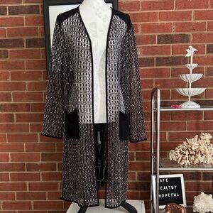 Chico’s Sequin, Black & White 
Woven Duster Open Cardigan